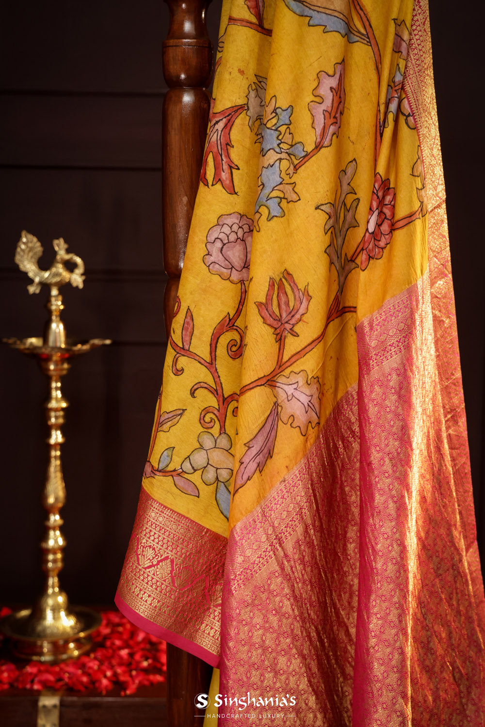 Munsell Yellow Kalamkari Silk Handpainted Saree With Kanjivaram Border