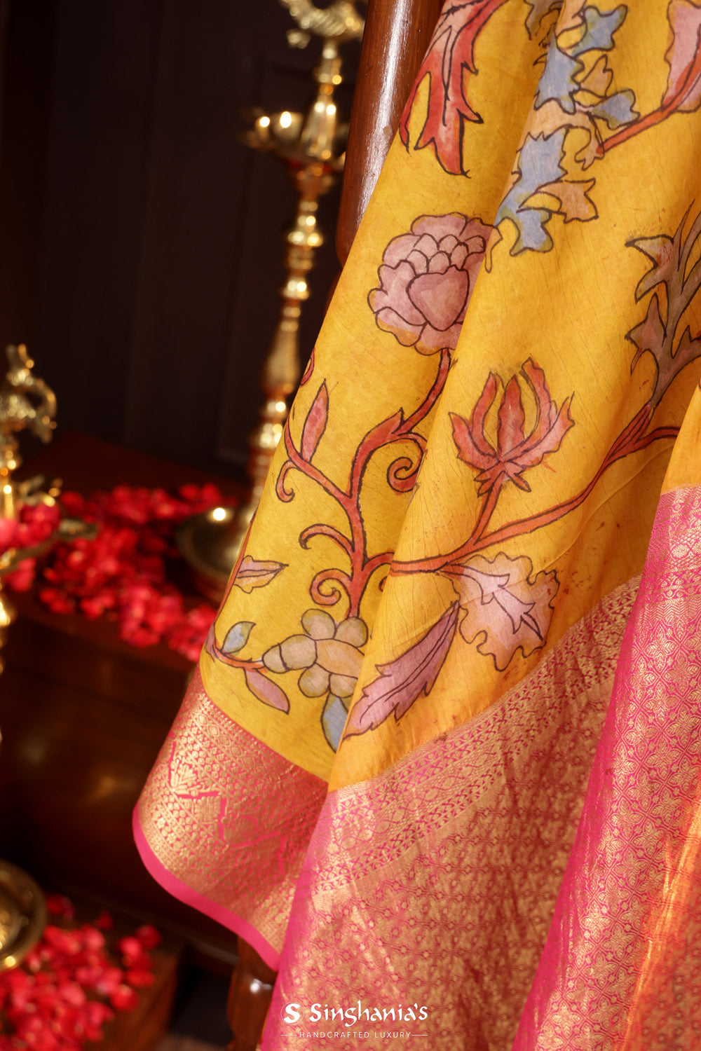 Munsell Yellow Kalamkari Silk Handpainted Saree With Kanjivaram Border