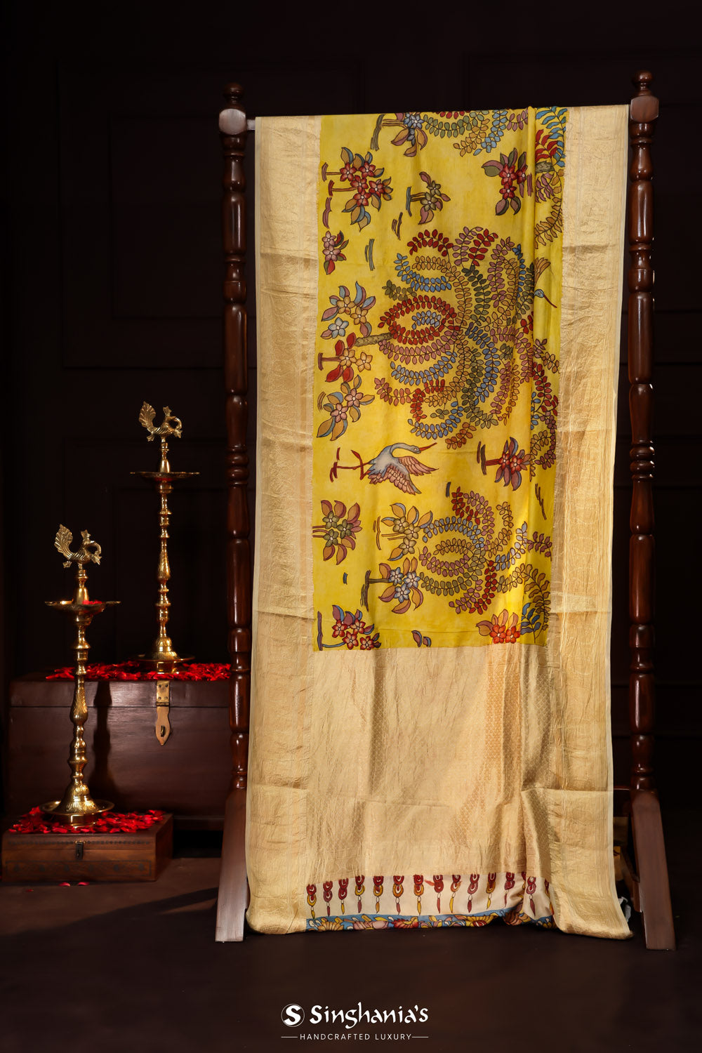 Mustard Yellow Kalamkari Silk Handpainted Saree With Kanjivaram Border