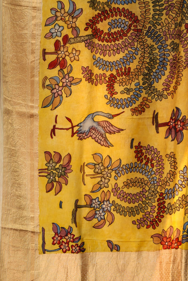 Mustard Yellow Kalamkari Silk Handpainted Saree With Kanjivaram Border