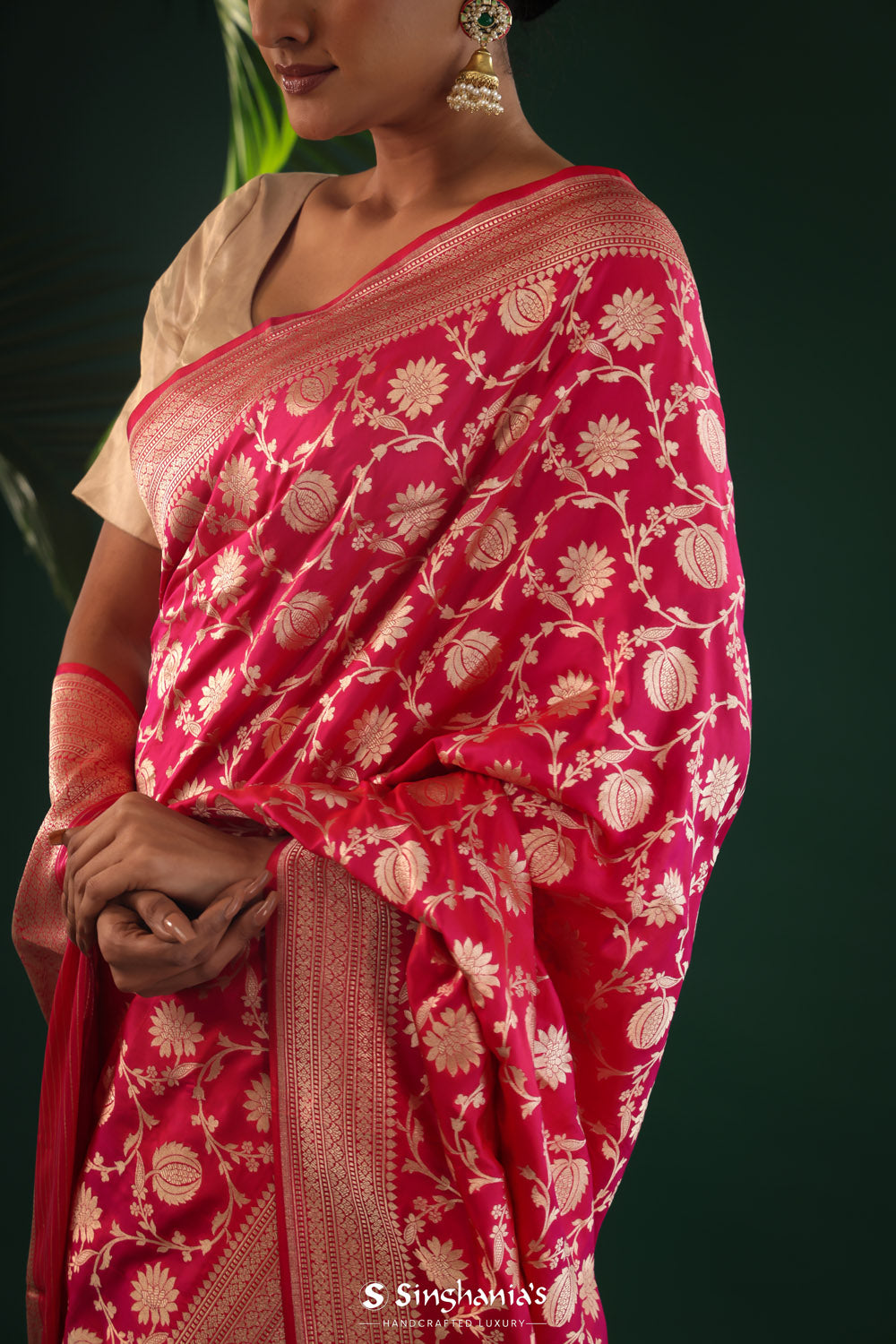 Watermelon Pink Banarasi Silk Saree With Floral Jaal Weaving