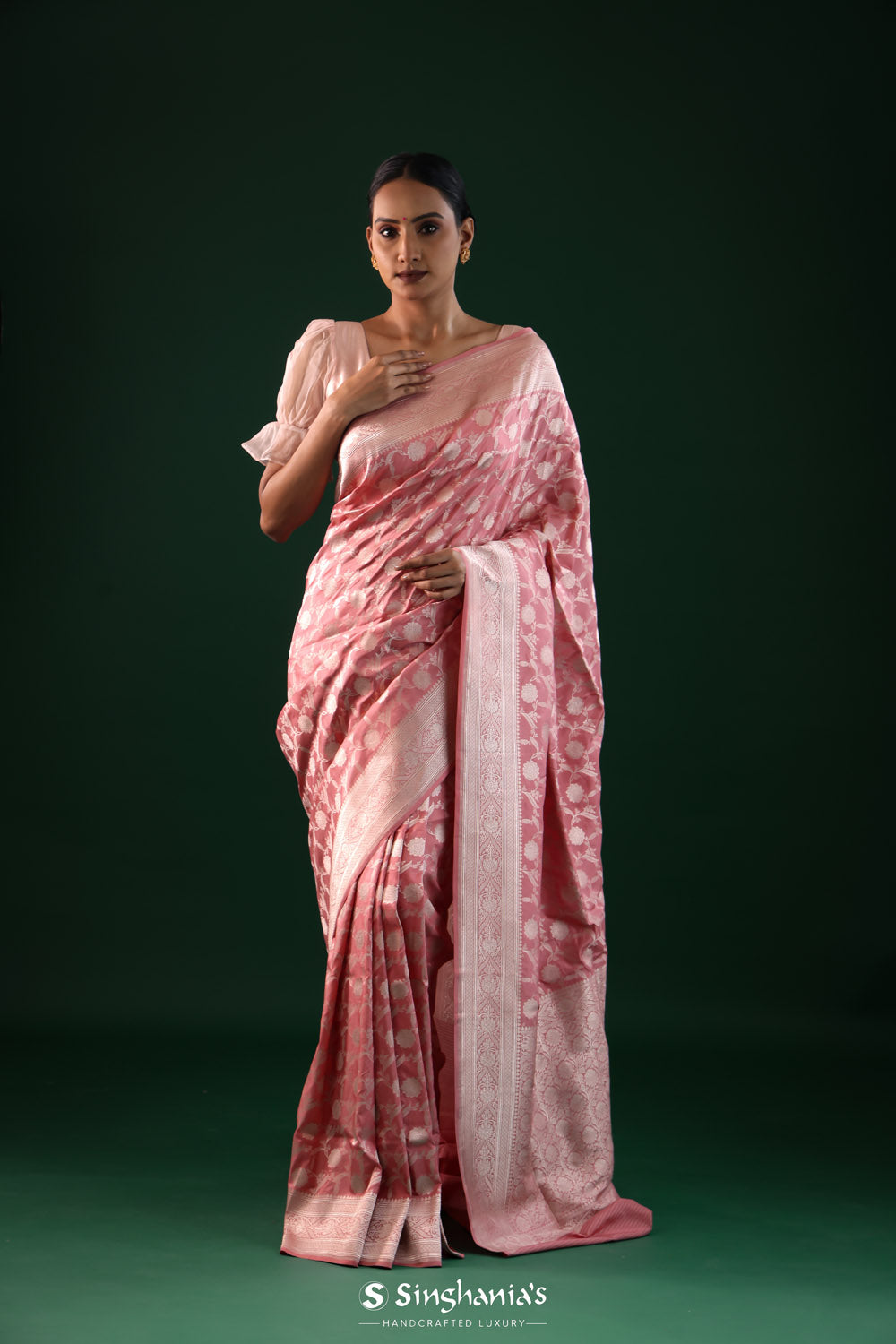 Nadeshiko Pink Banarasi Silk Saree With Floral Jaal