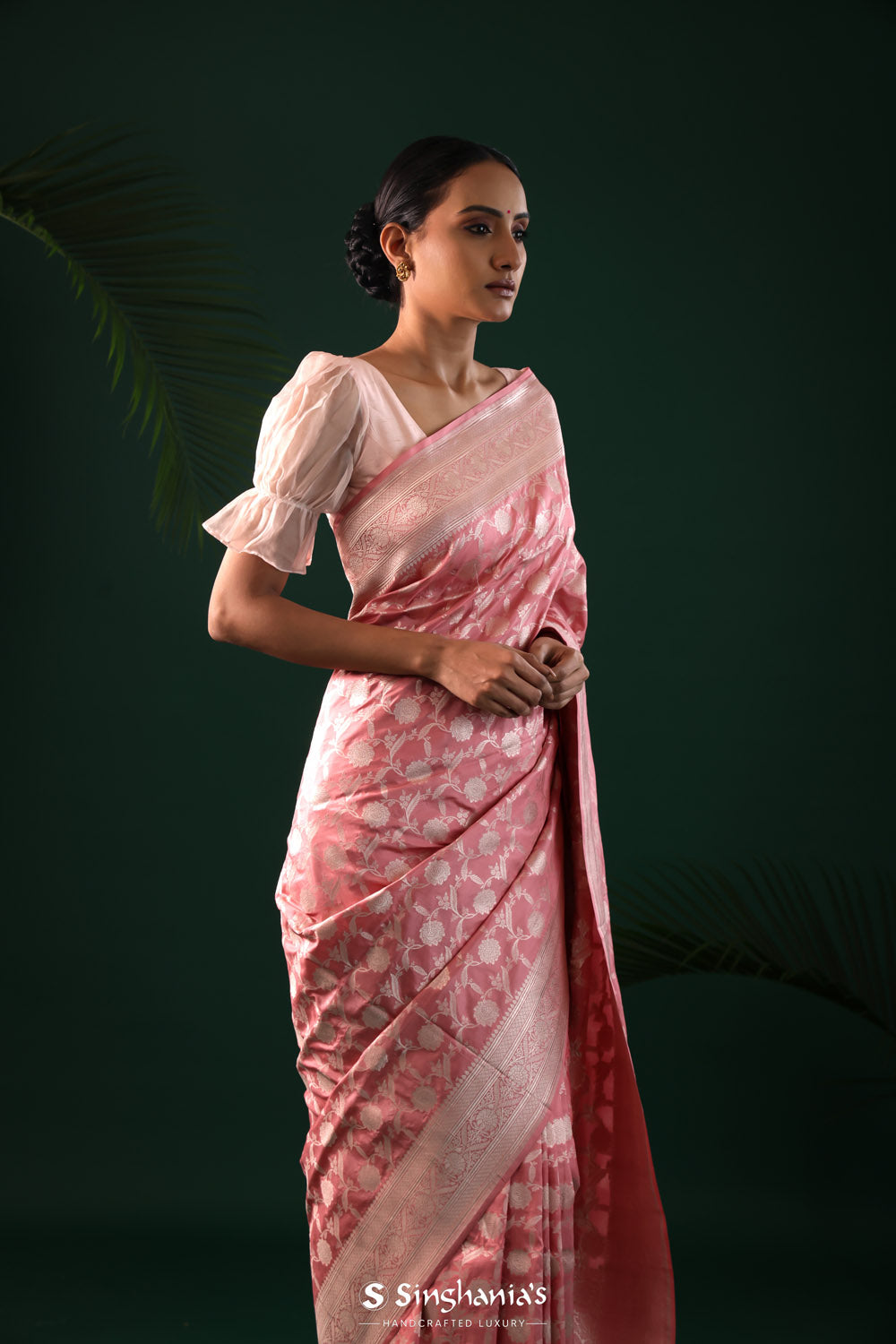 Nadeshiko Pink Banarasi Silk Saree With Floral Jaal