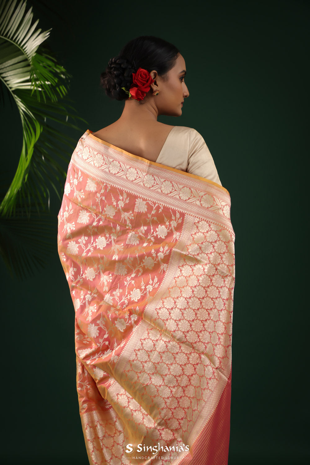 Pink-Yellow Dual Shade Saree With Gold Zari Jaal