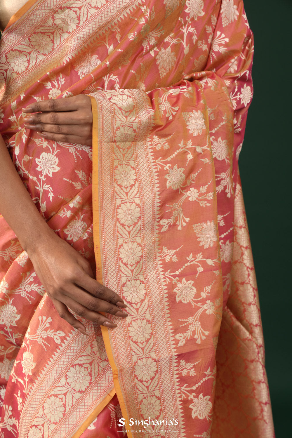 Pink-Yellow Dual Shade Saree With Gold Zari Jaal