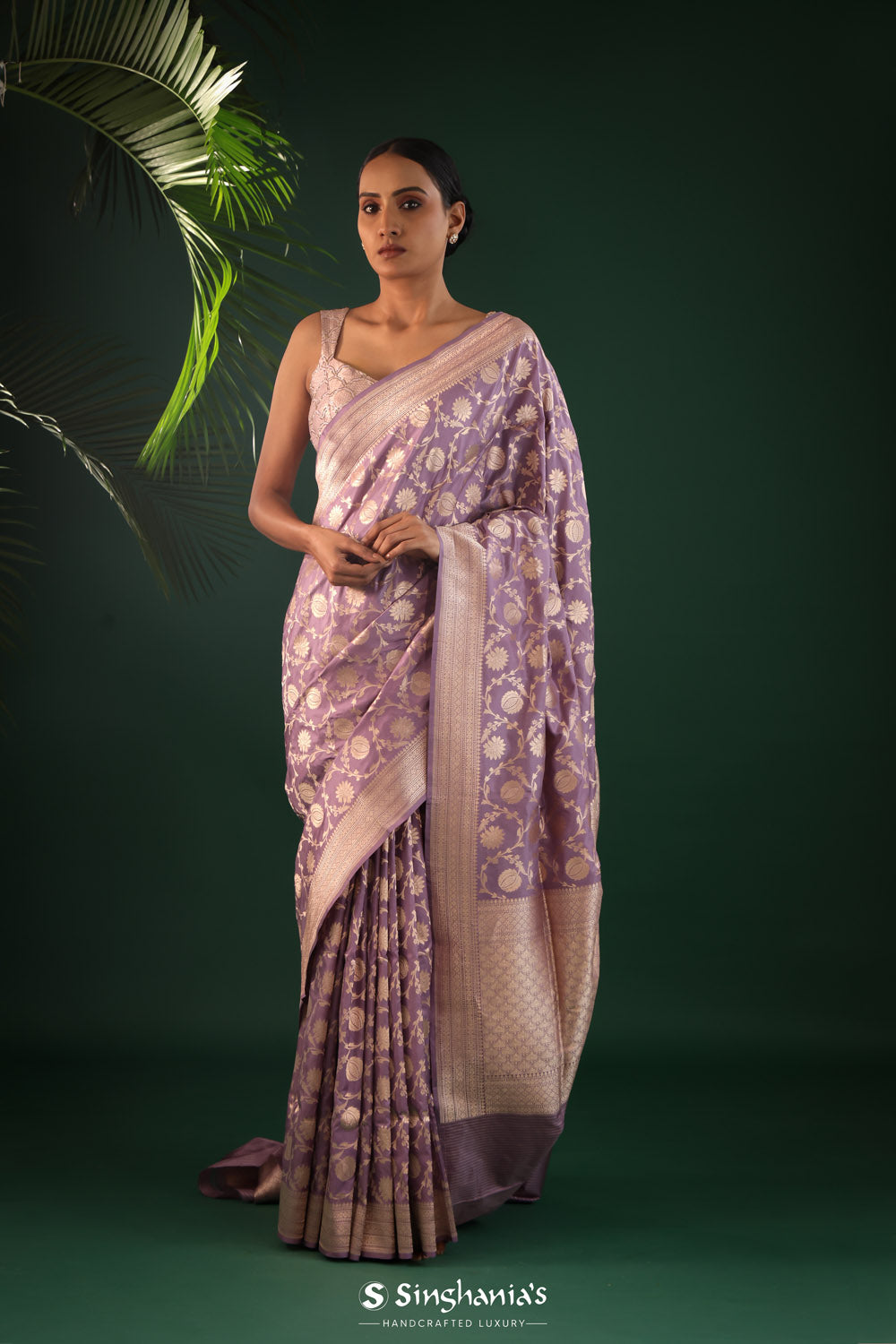 Plum Purple Banarasi Silk Saree With Gold Zari Jaal