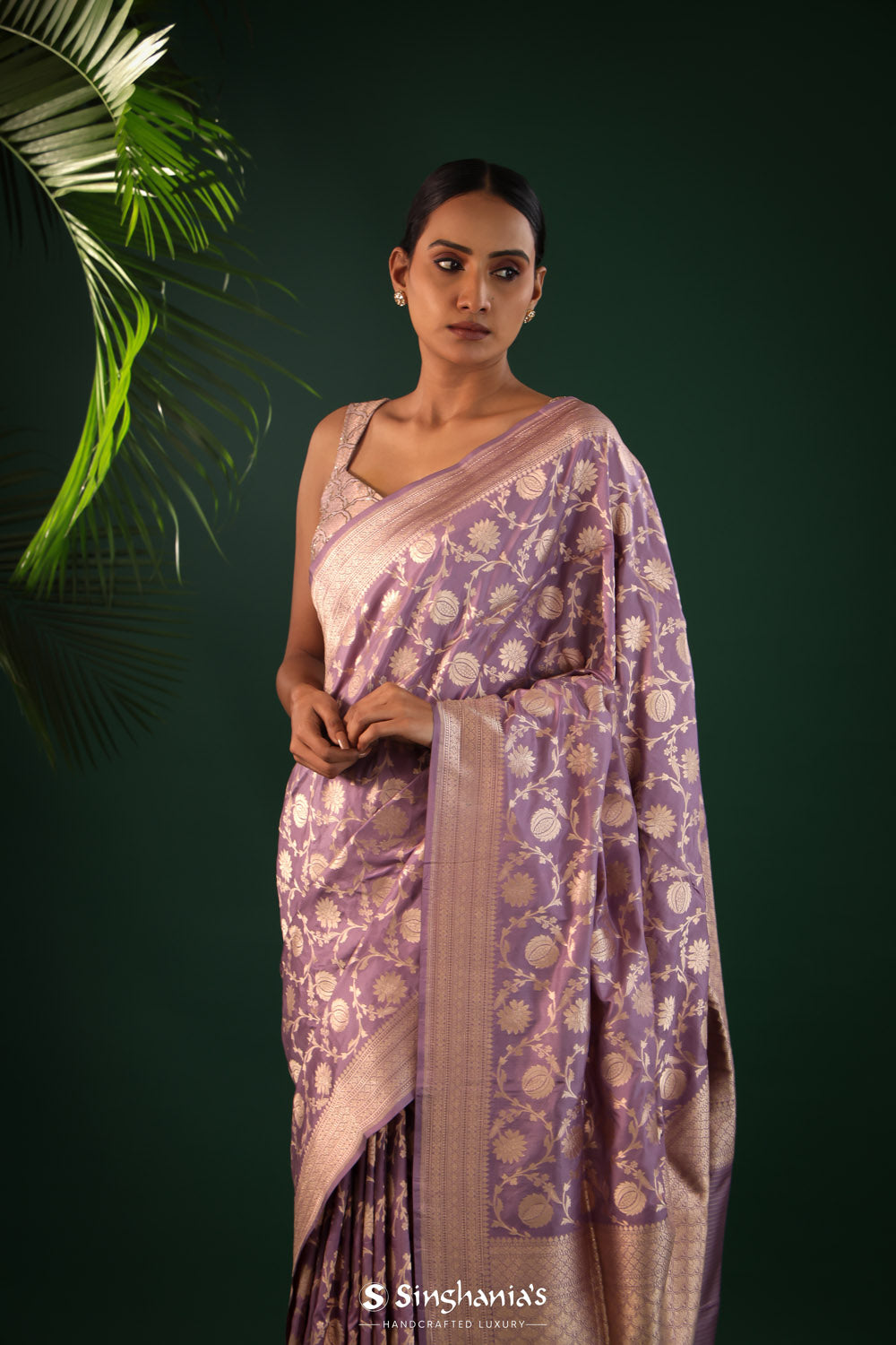 Plum Purple Banarasi Silk Saree With Gold Zari Jaal