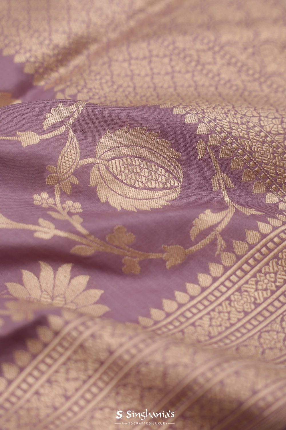 Plum Purple Banarasi Silk Saree With Gold Zari Jaal