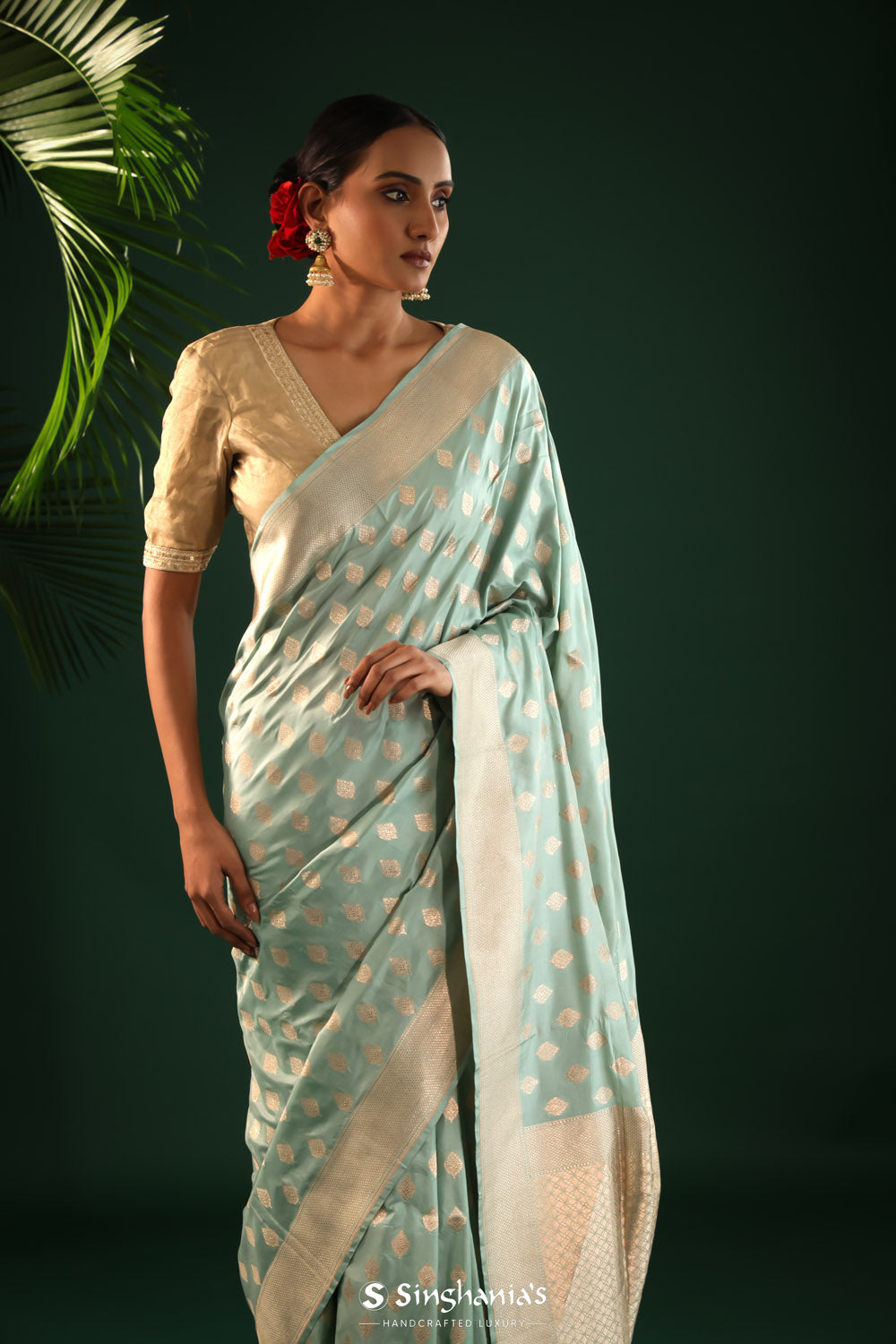 Seafoam Green Banarasi Silk Saree With Zari Butti