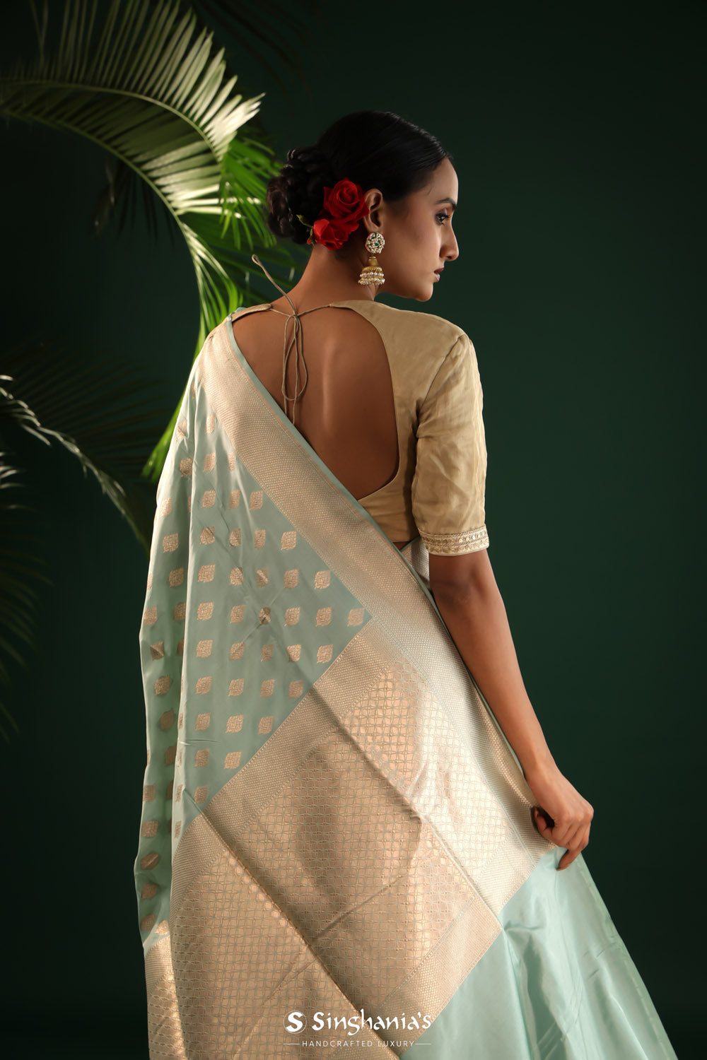 Seafoam Green Banarasi Silk Saree With Zari Butti