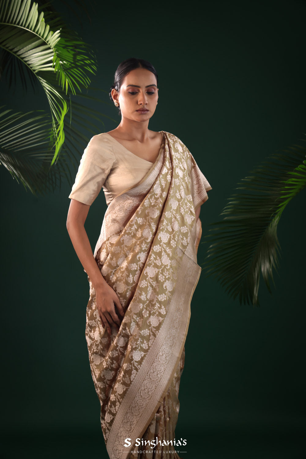 Sage Green Banarasi Silk Saree With Floral Jaal