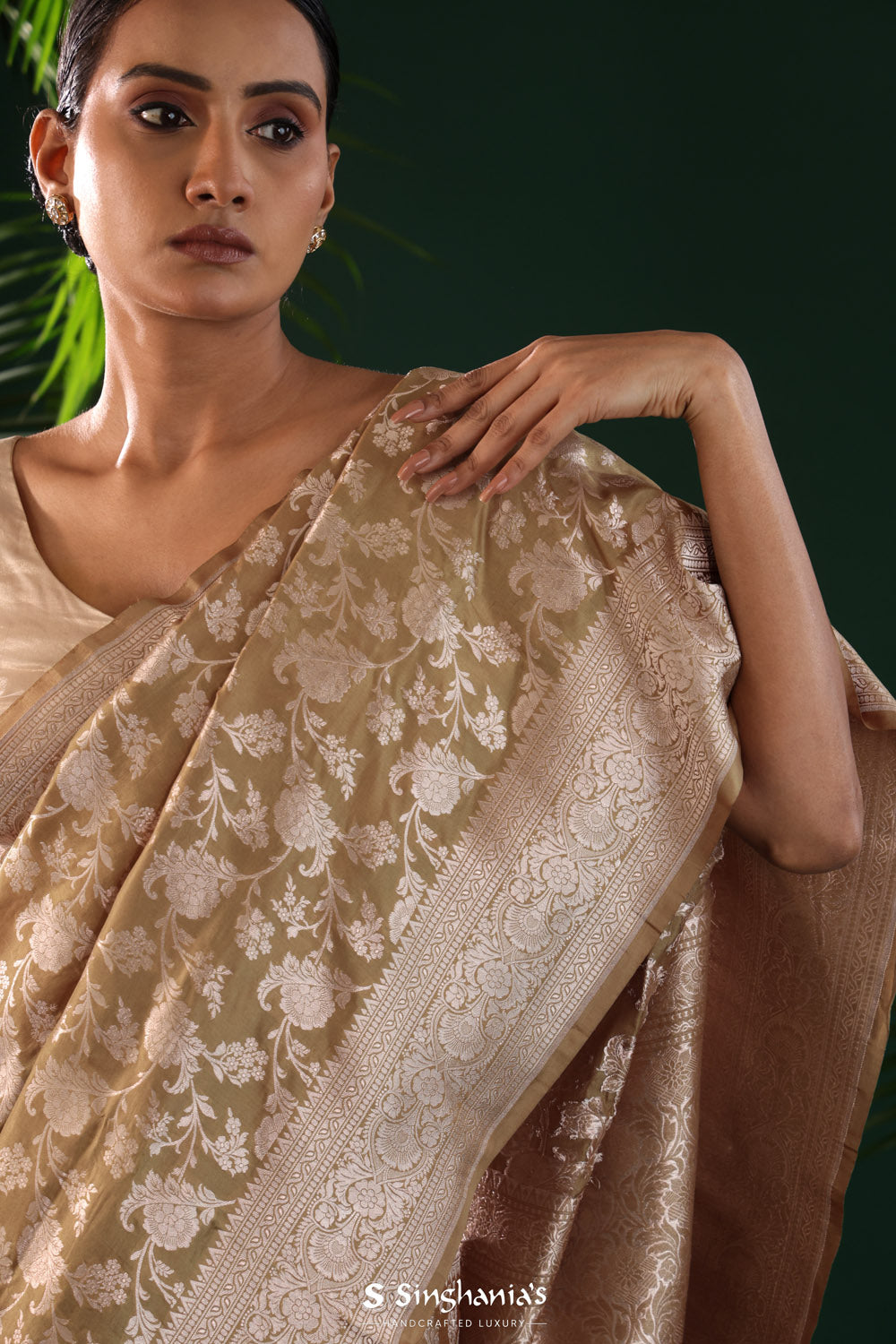 Sage Green Banarasi Silk Saree With Floral Jaal