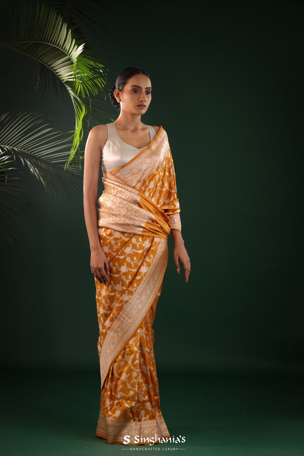 Goldenrod Yellow Banarasi Silk Saree With Floral Weaving