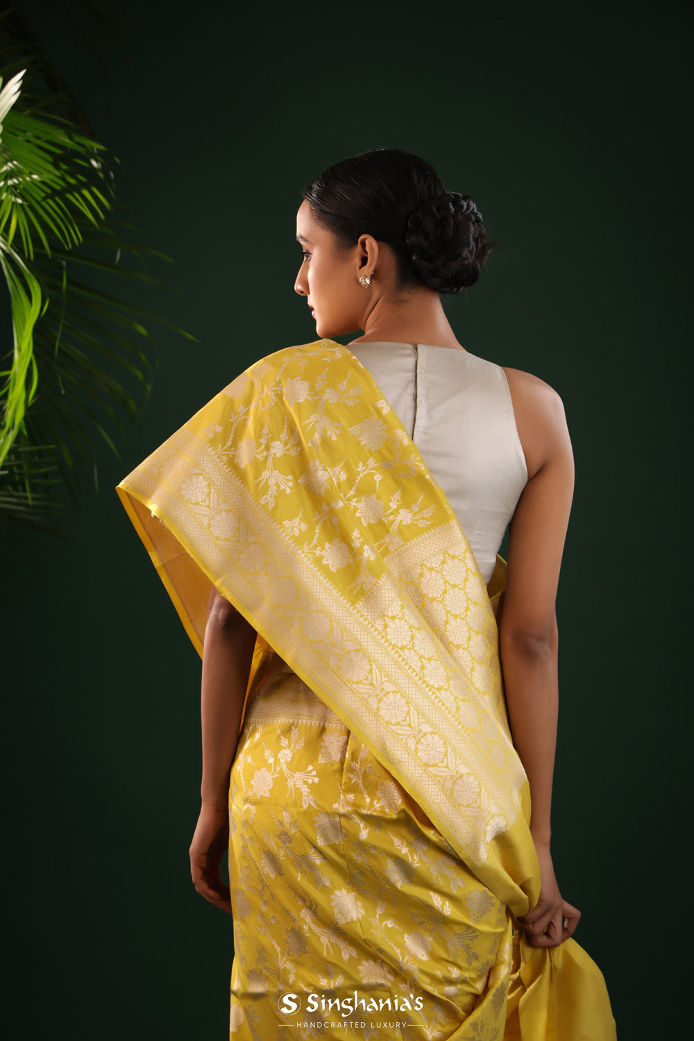 Greenish Yellow Saree With Gold Zari Floral Jaal