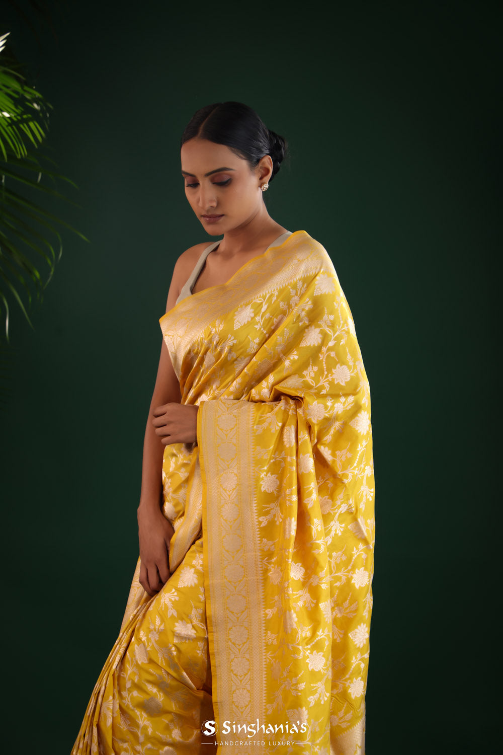 Matte Yellow Banarasi Silk Saree With Gold Zari Floral Jaal