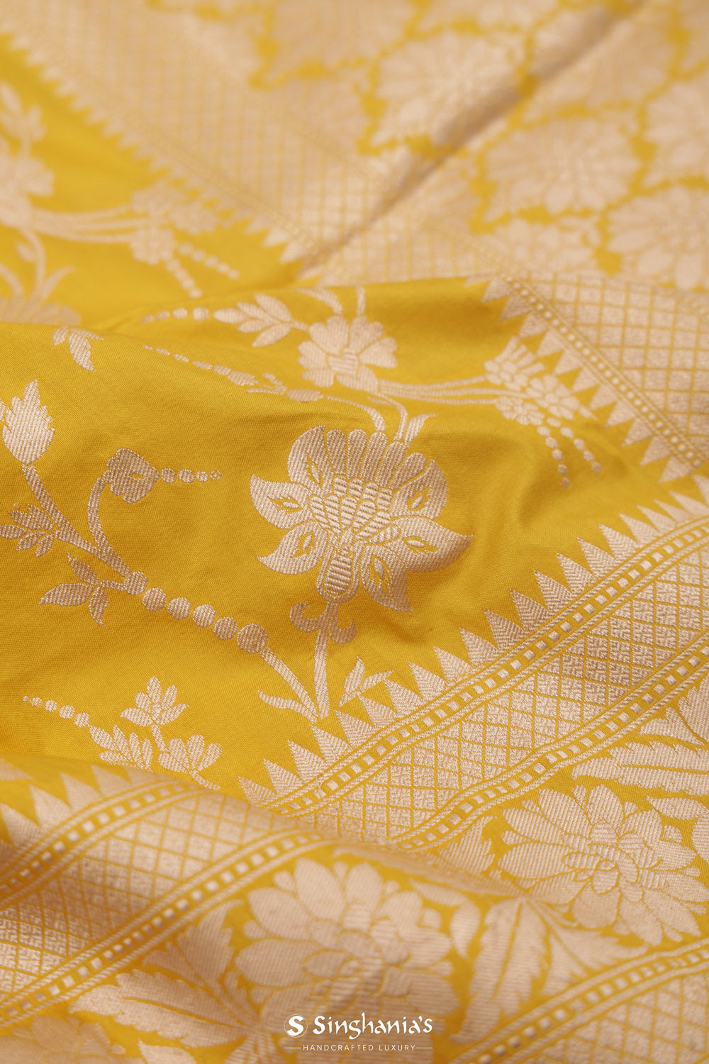 Matte Yellow Banarasi Silk Saree With Gold Zari Floral Jaal