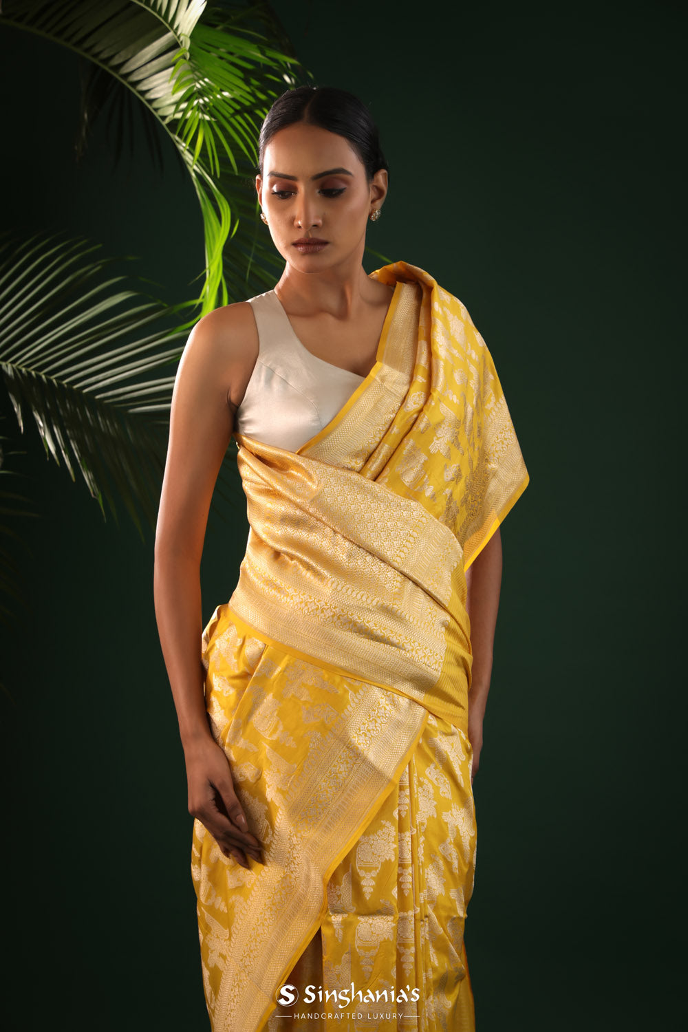 Deep Yellow Banarasi Silk Saree With Floral Butta