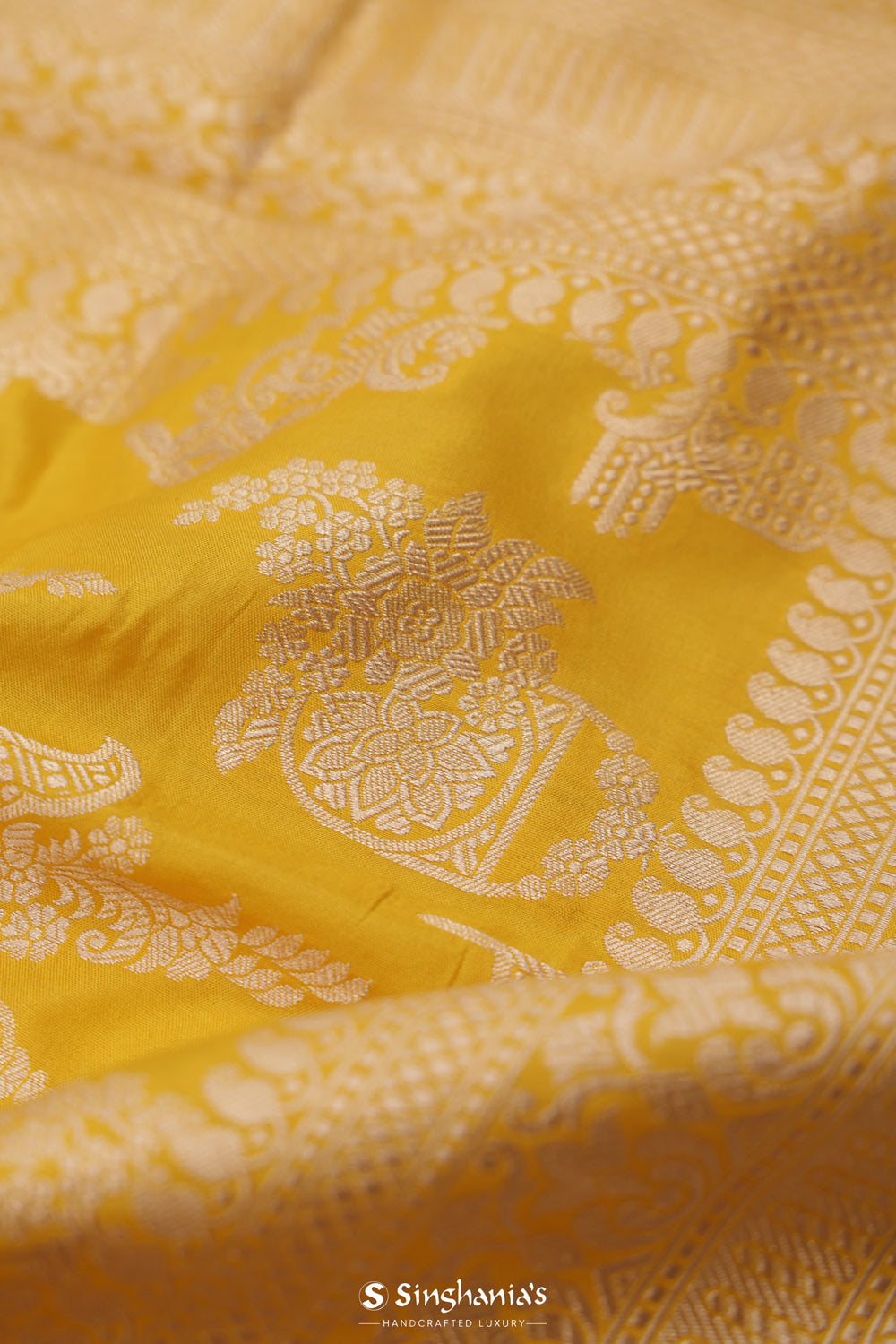 Deep Yellow Banarasi Silk Saree With Floral Butta