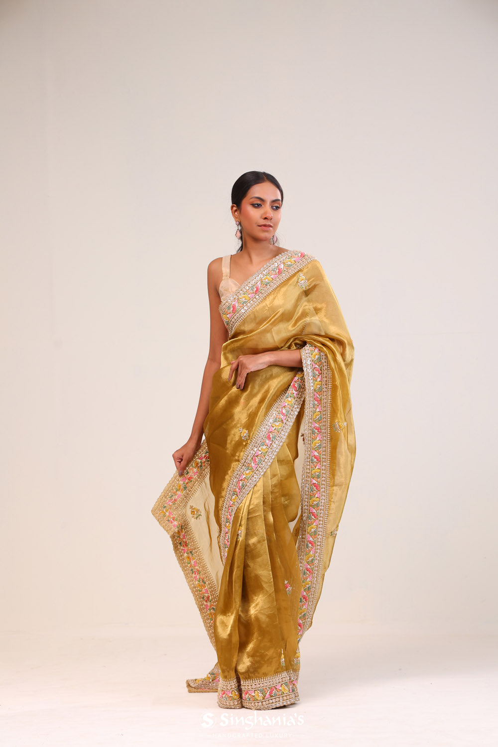 Cream Gold Tissue Handcrafted Saree