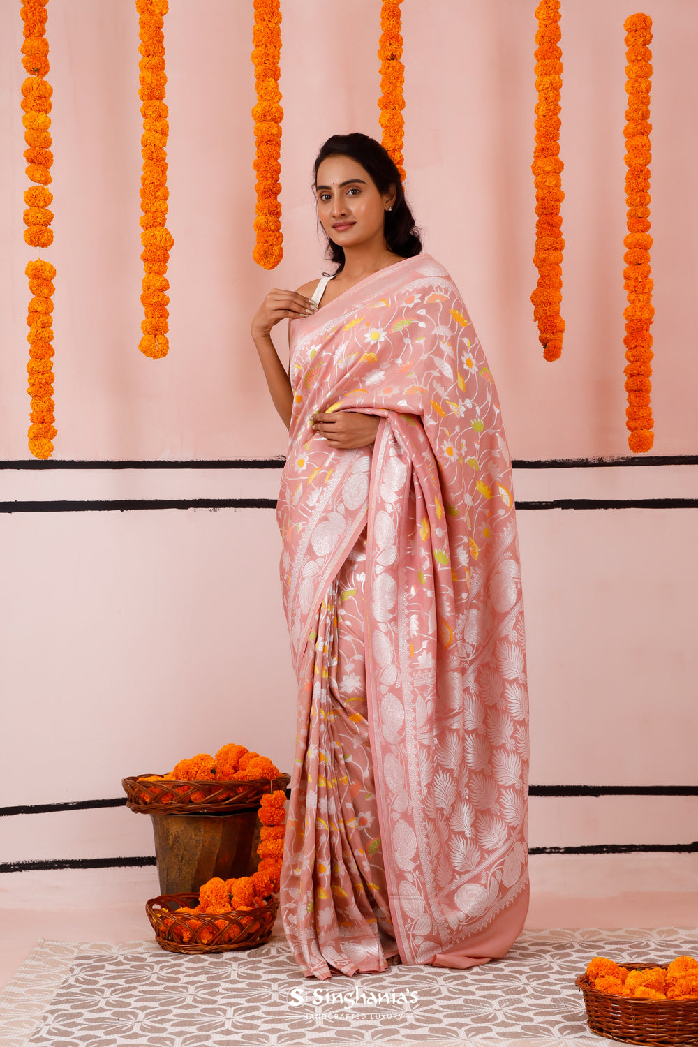 Salmon Peach Banarasi Moonga Silk Saree With Floral Jaal