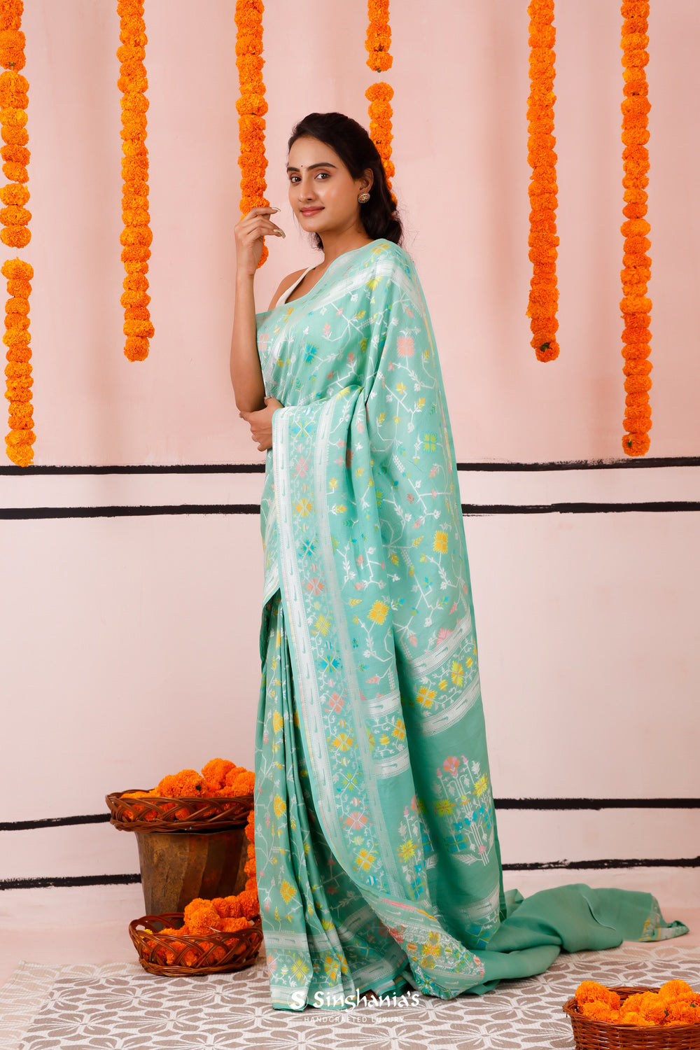 Mint Green Banarasi Moonga Silk Saree With Meenakari Jaal Work