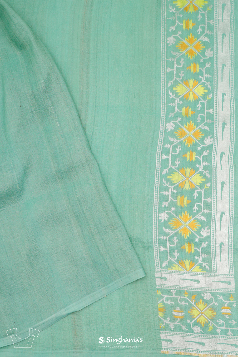 Mint Green Banarasi Moonga Silk Saree With Meenakari Jaal Work