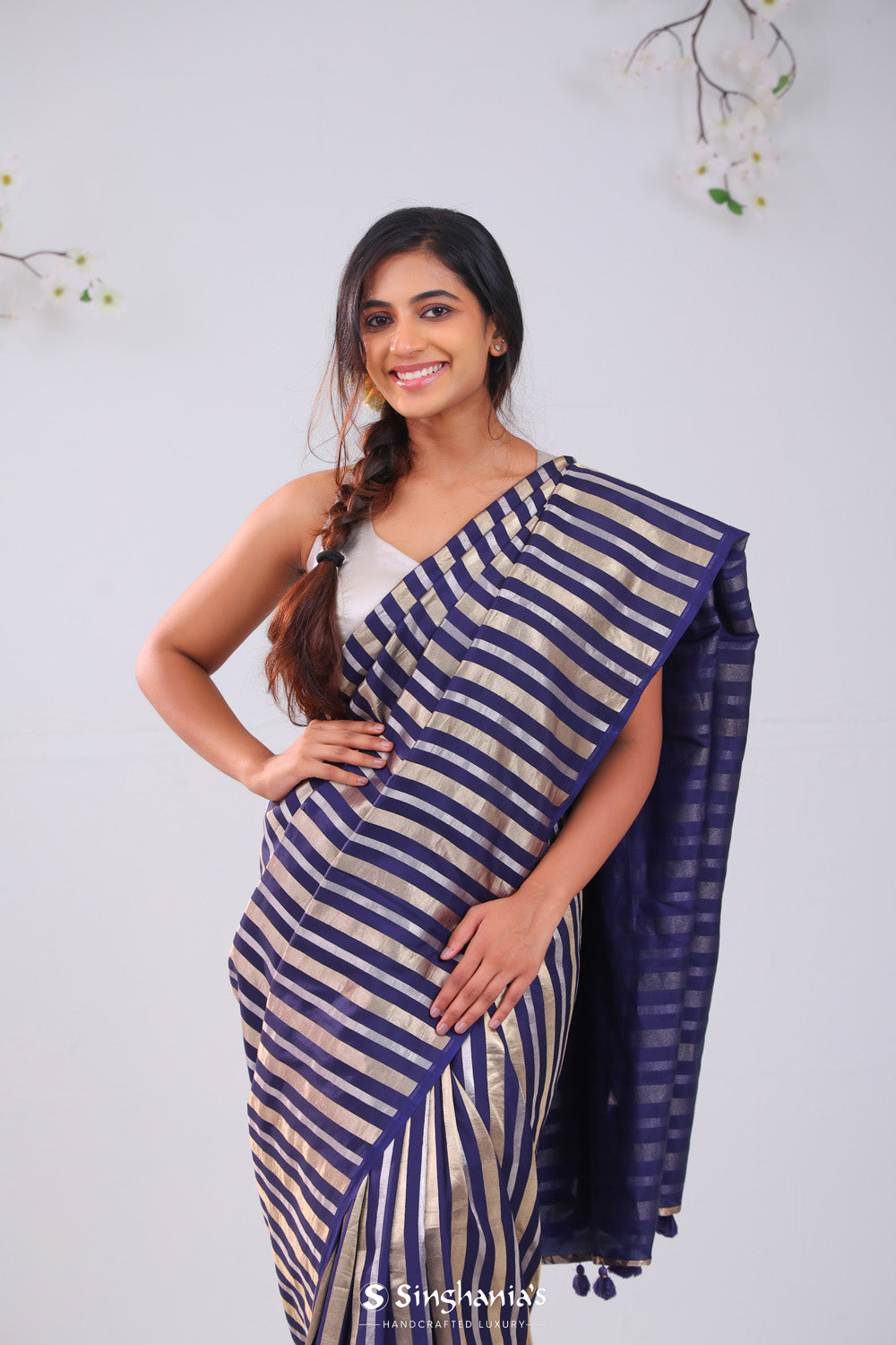 Navy Blue Banarasi Satin Saree With Stripes Pattern