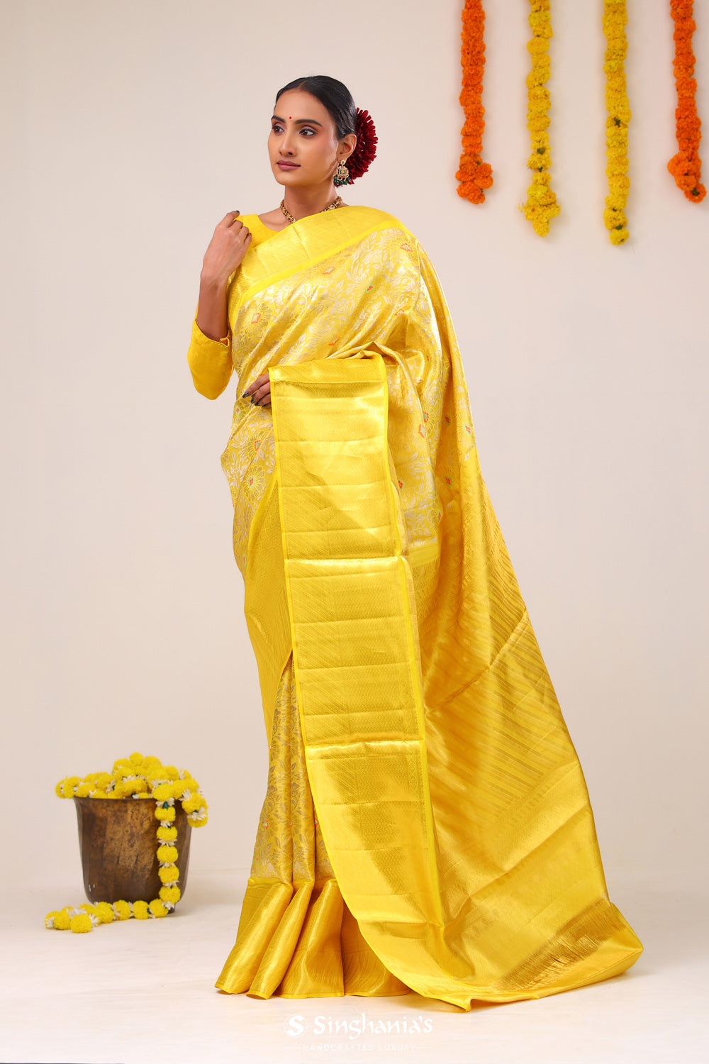 Yellow Gold Jaal Kanjivaram Silk Saree