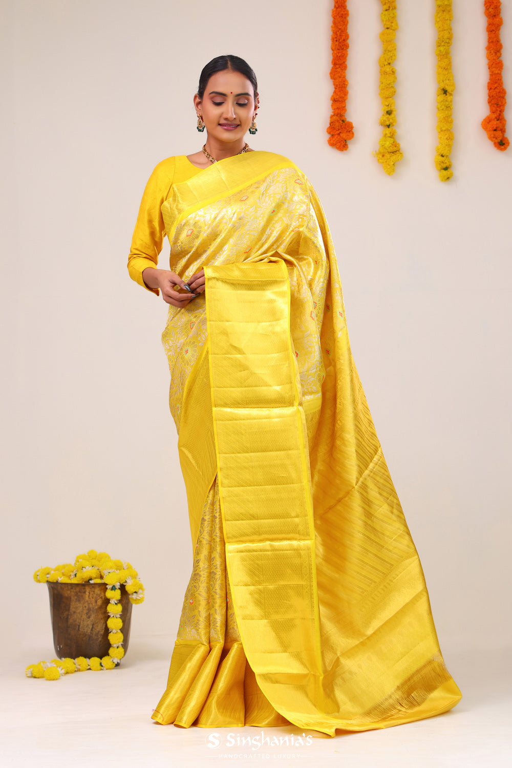 Yellow Gold Jaal Kanjivaram Silk Saree