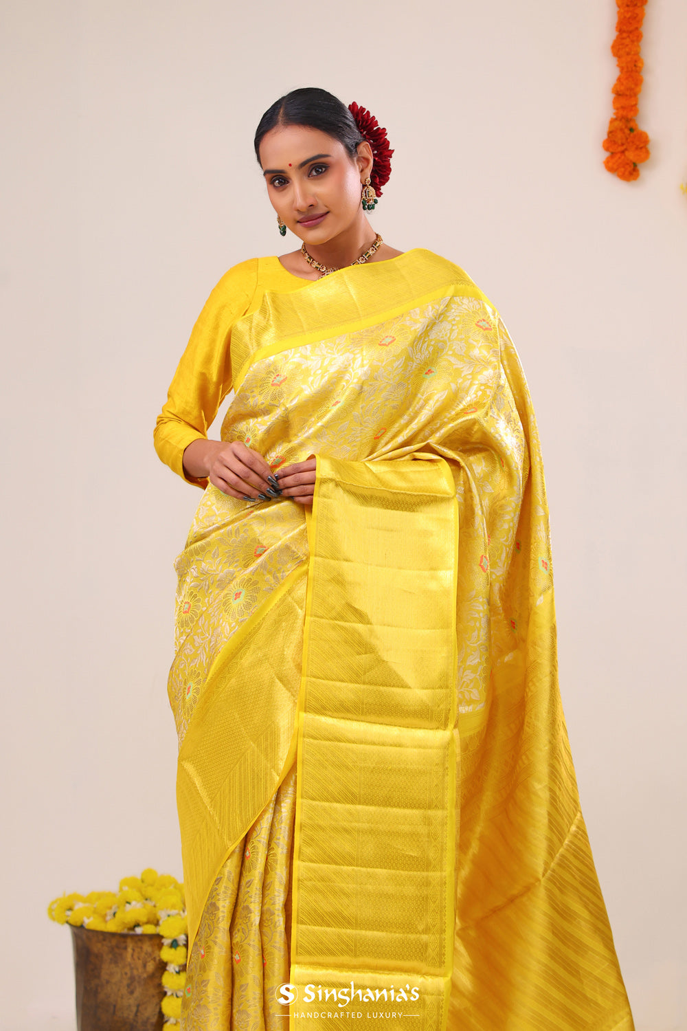 Yellow Gold Jaal Kanjivaram Silk Saree