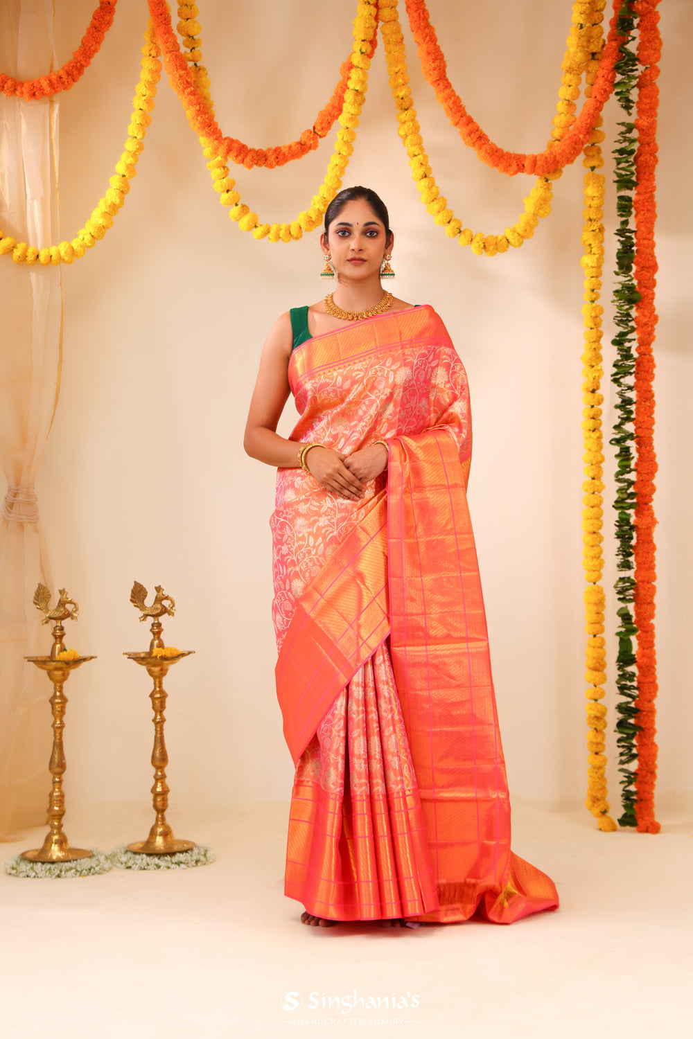 Melon Peach Tissue Kanjivaram Saree With Floral Weaving