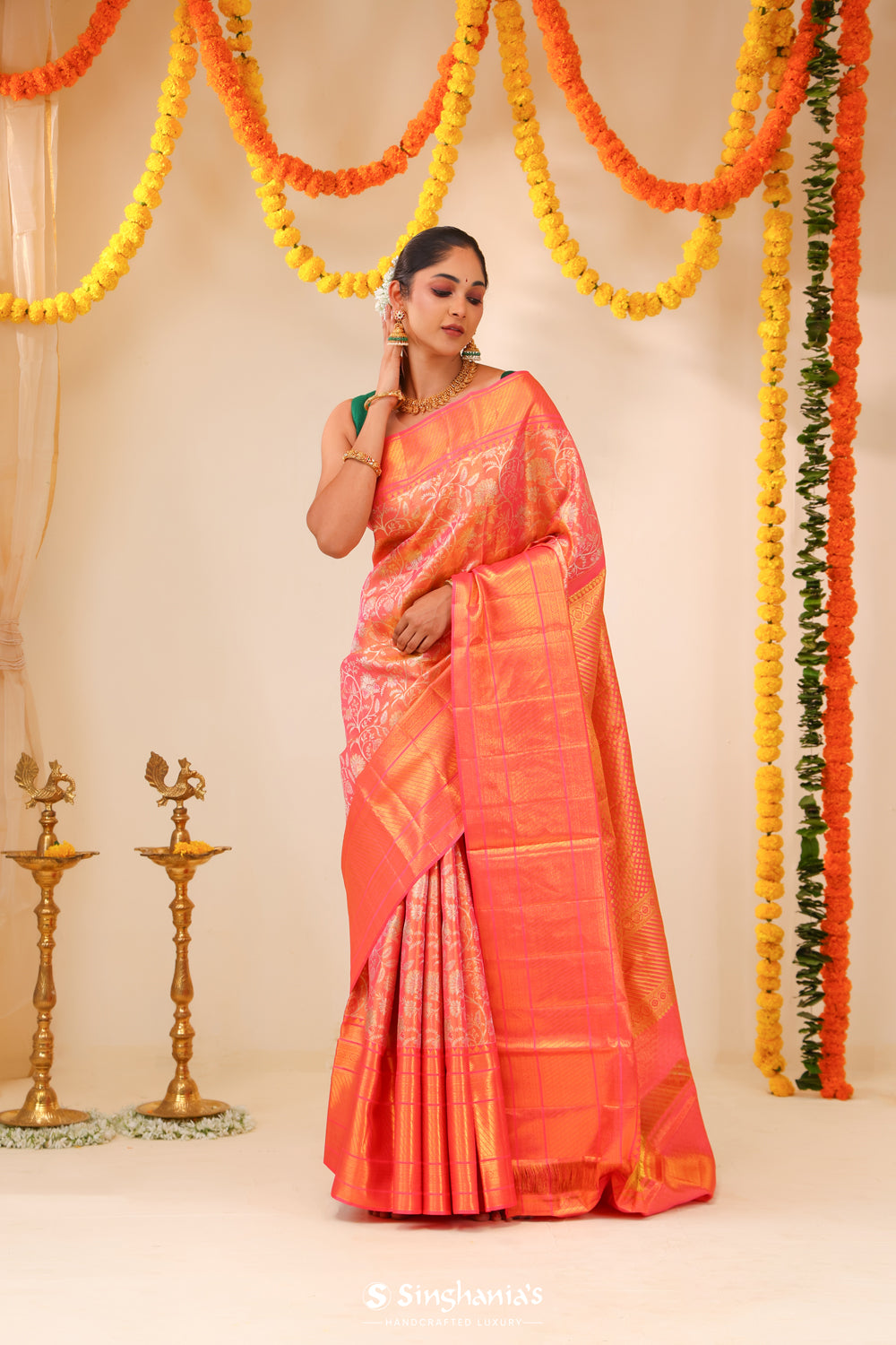 Melon Peach Tissue Kanjivaram Saree With Floral Weaving