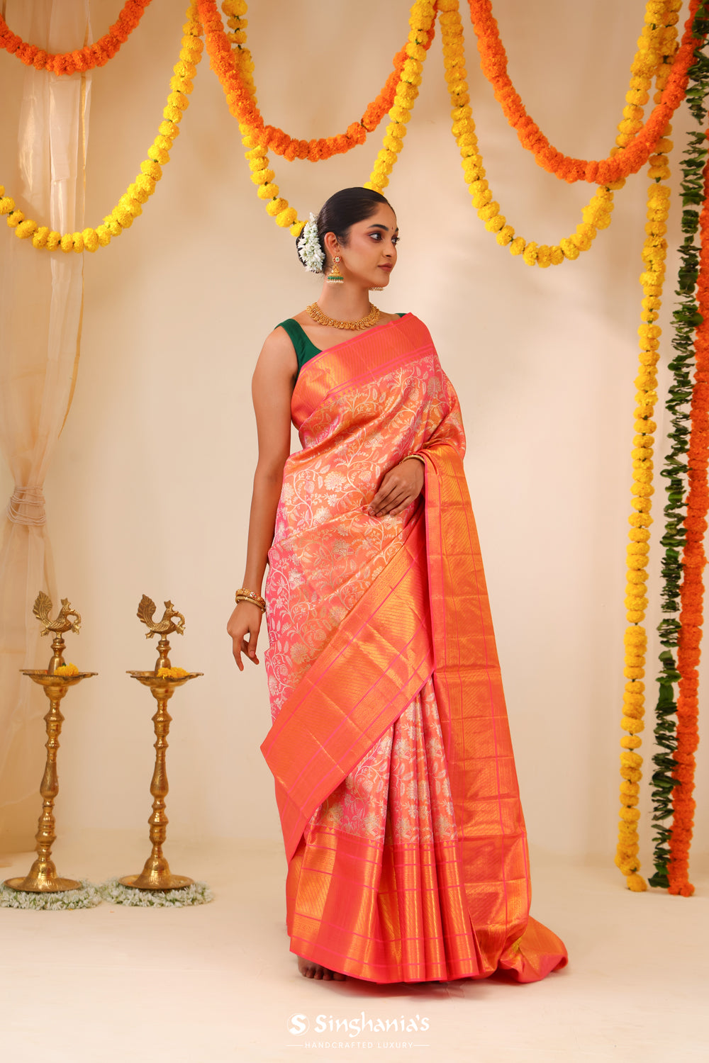 Melon Peach Tissue Kanjivaram Saree With Floral Weaving