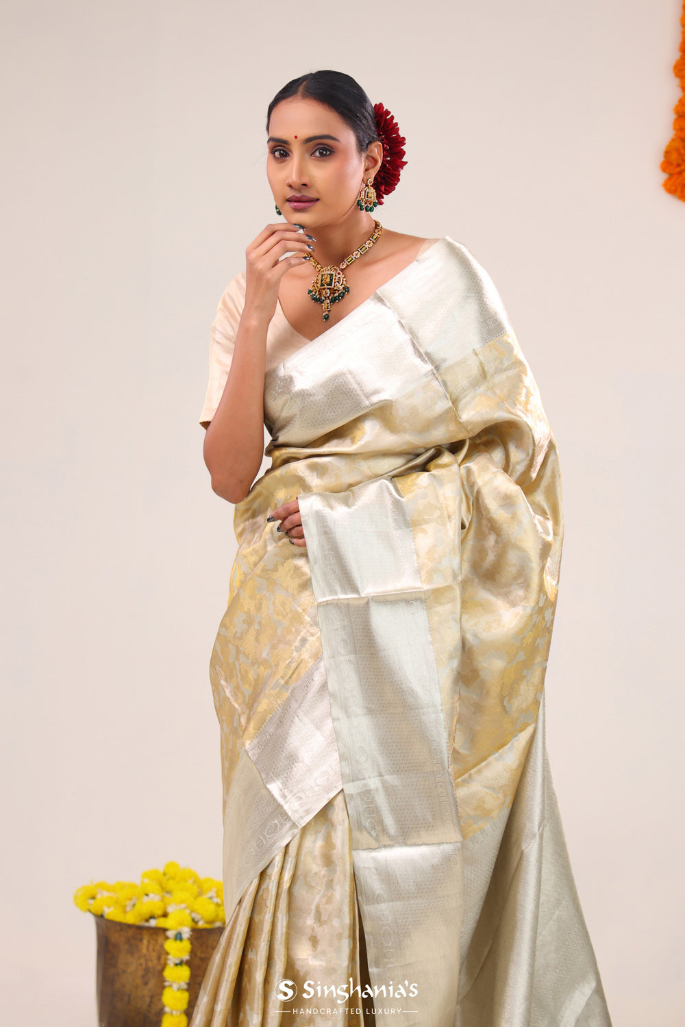 Pale Gold Floral Jaal Kanjivaram Silk Saree