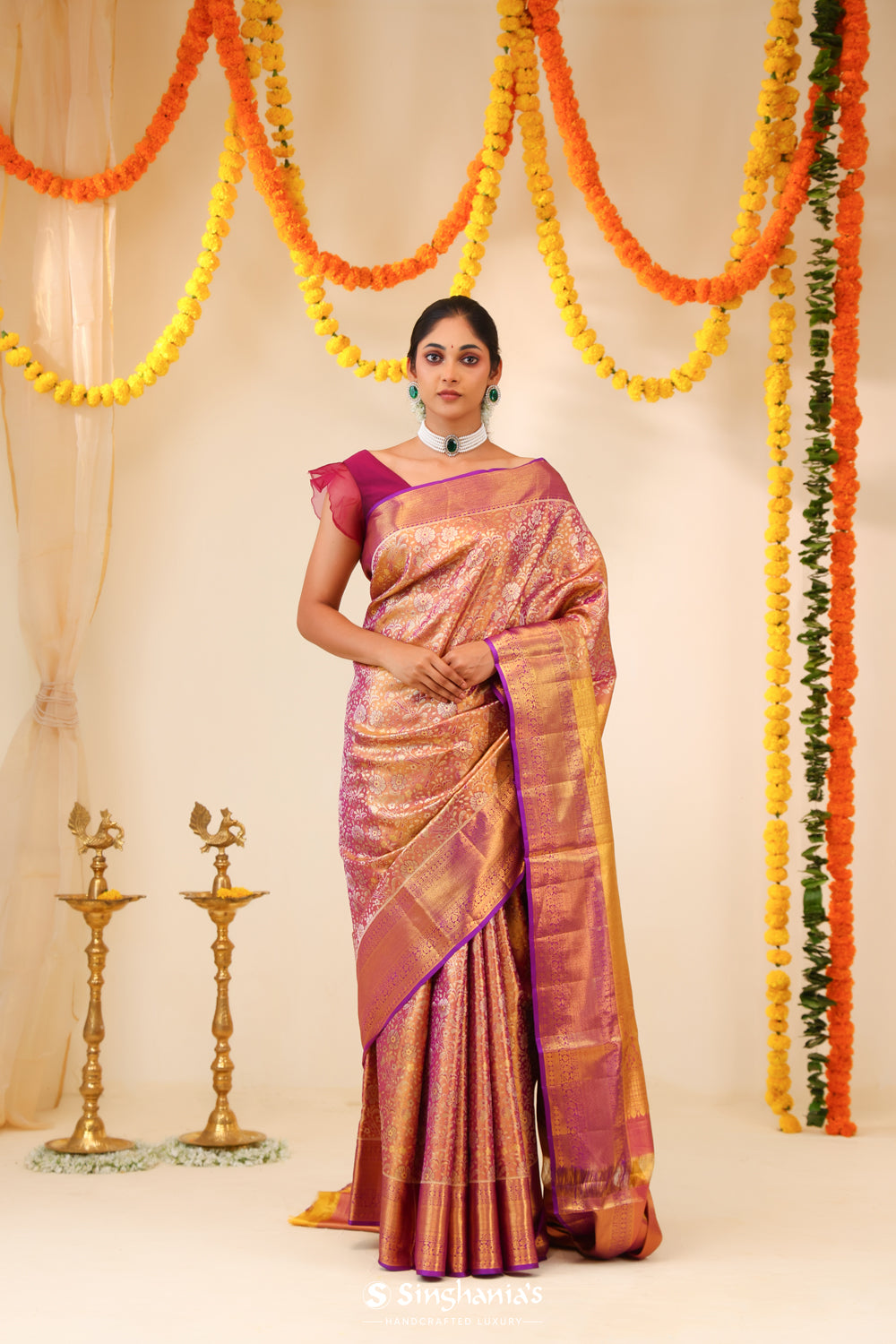 Mauve Gold Tissue Kanjivaram Saree With Floral Paisley Weaving