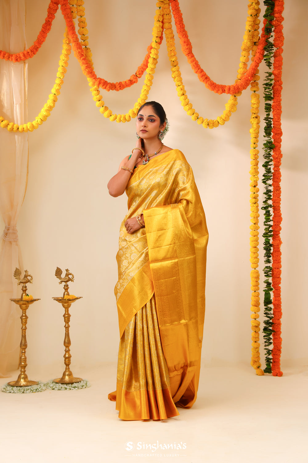 Yellowish Gold Tissue Kanjivaram Saree With Floral Weaving