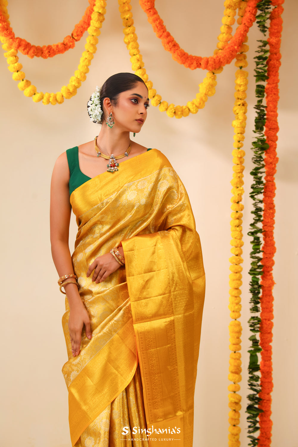 Yellowish Gold Tissue Kanjivaram Saree With Floral Weaving