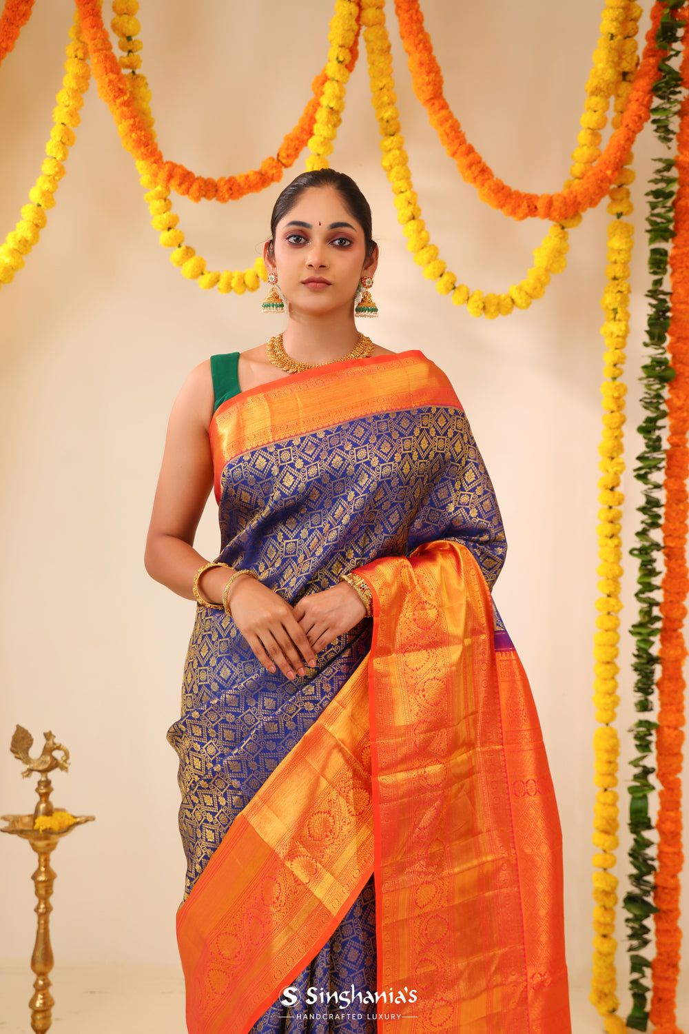 Dark Sapphire Kanjivaram Silk Saree With Floral Weaving