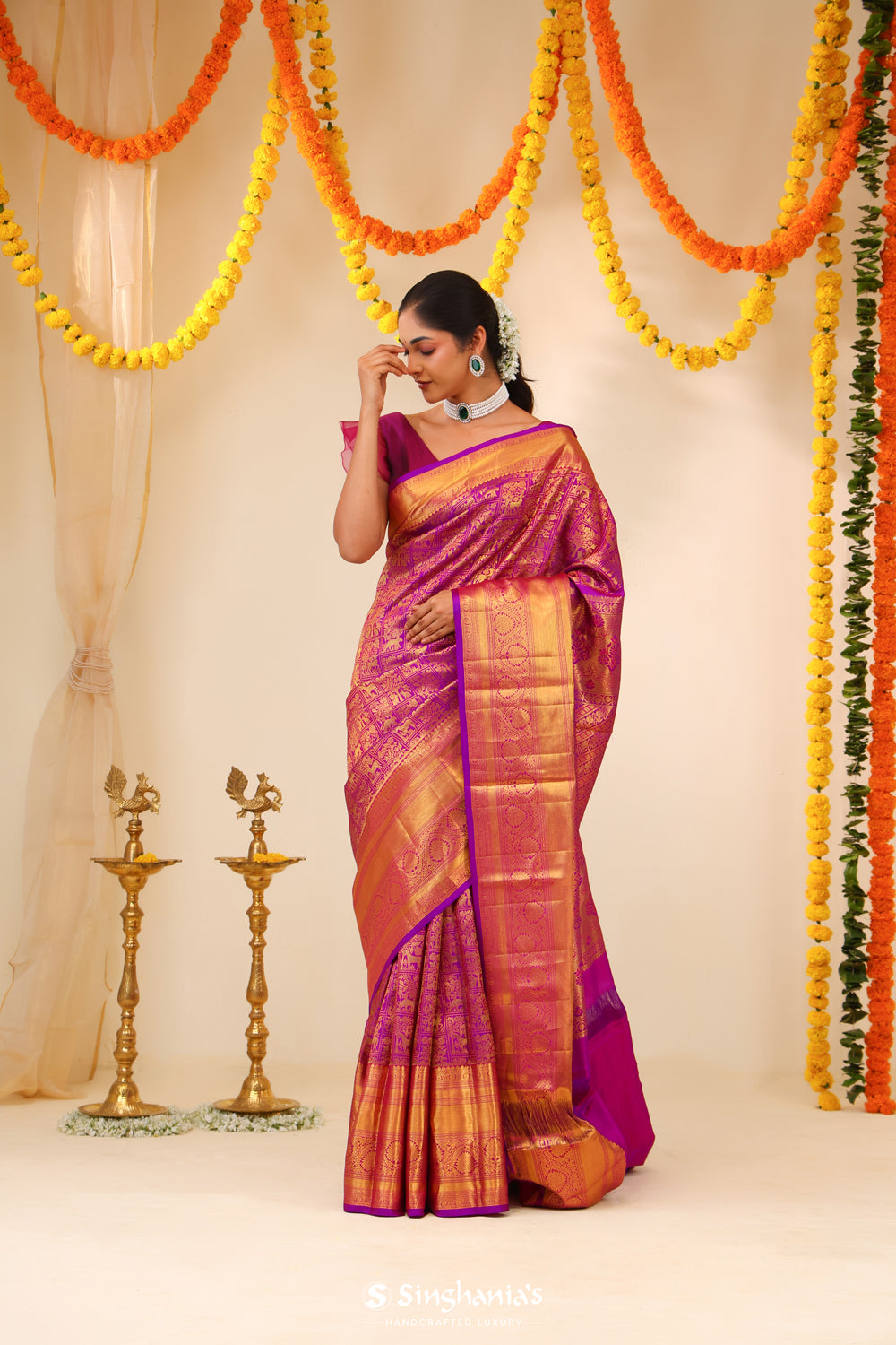 Magenta Purple Kanjivaram Silk Saree With Floral-Fauna Weaving