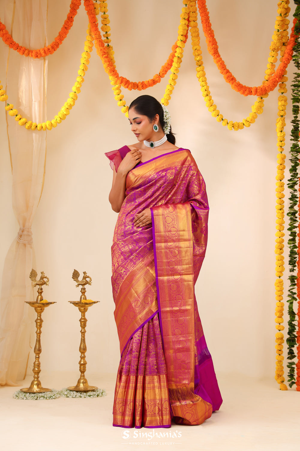 Magenta Purple Kanjivaram Silk Saree With Floral-Fauna Weaving