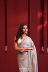 Stone Grey Tussar Silk Saree With Hand Embroidery