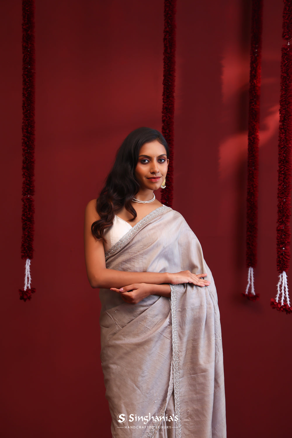 Stone Grey Tussar Silk Saree With Hand Embroidery