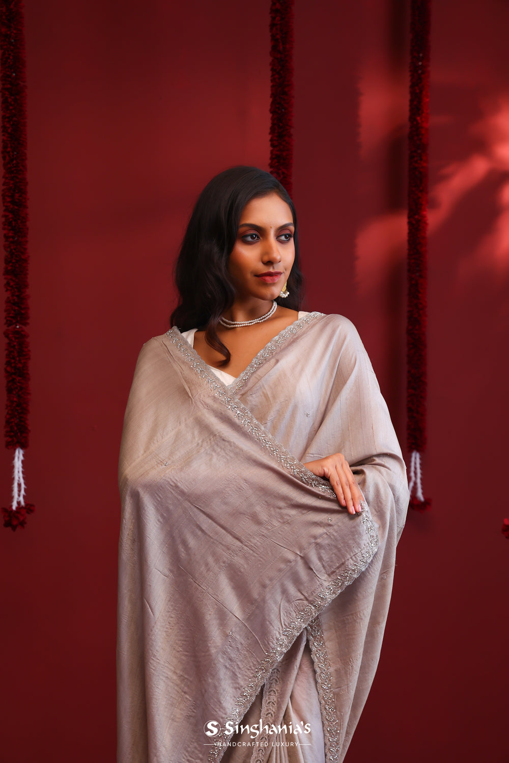 Stone Grey Tussar Silk Saree With Hand Embroidery