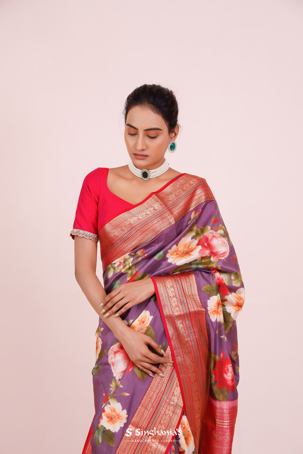 Printed Kanjivaram Silk Saree In Strong Purple