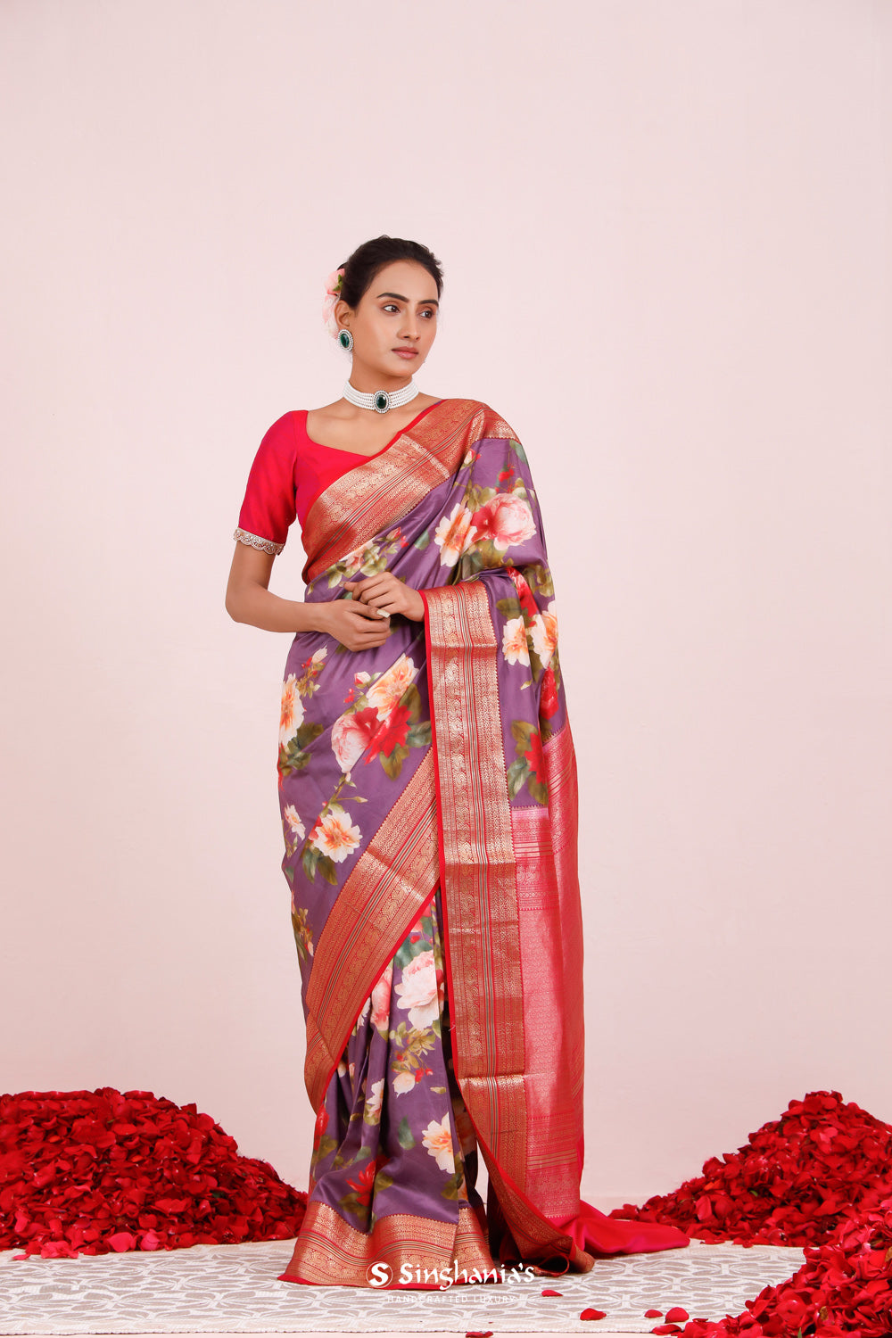 Printed Kanjivaram Silk Saree In Strong Purple