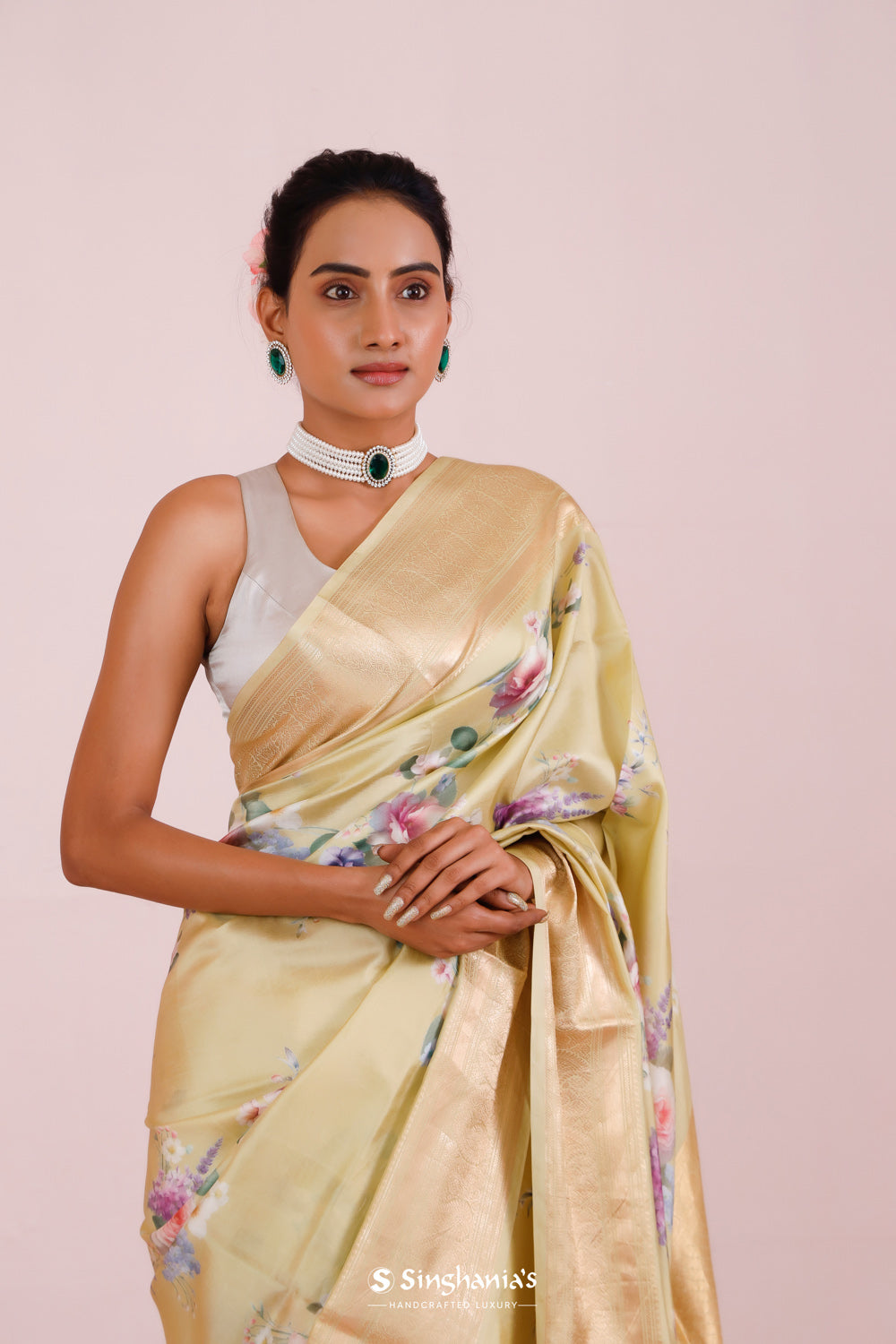 Printed Kanjivaram Silk Saree In Light Yellow Green