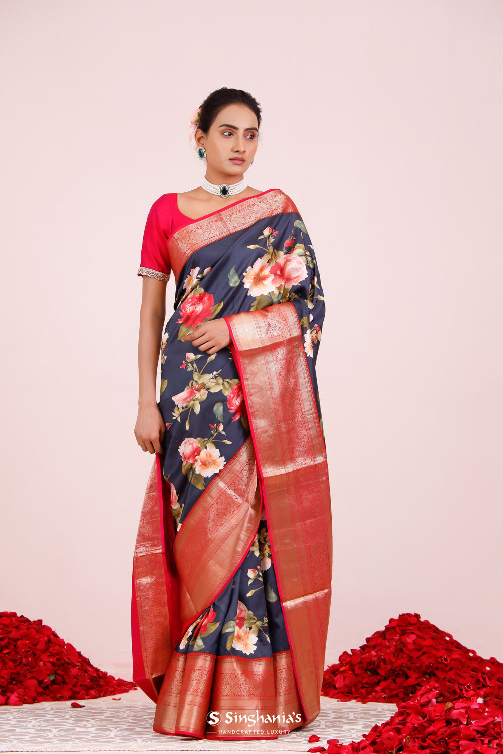 Printed Kanjivaram Silk Saree In Blue Black