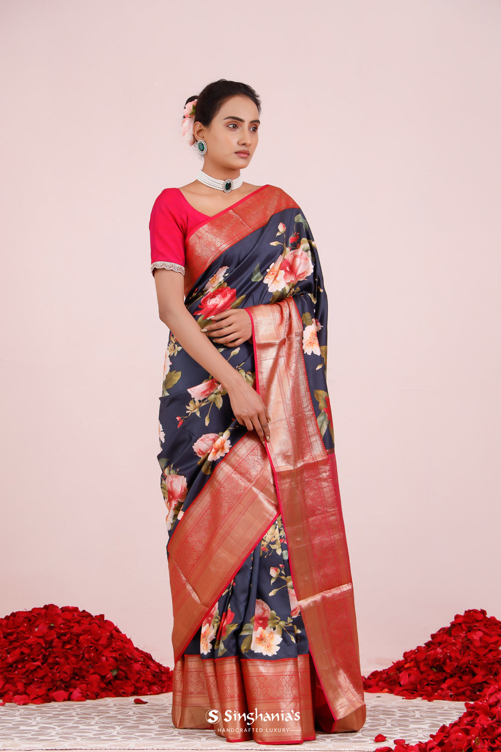 Printed Kanjivaram Silk Saree In Blue Black