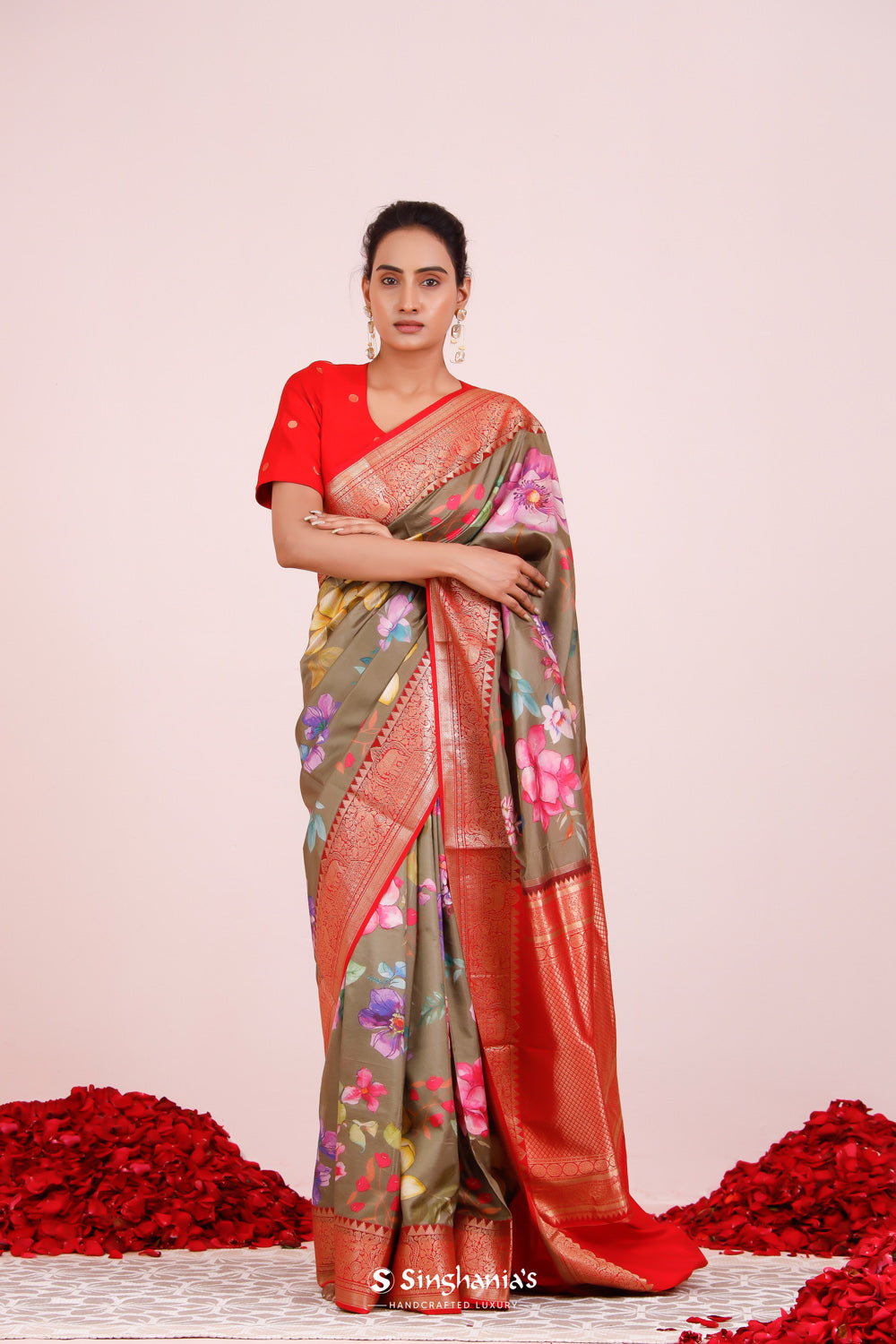 Printed Kanjivaram Silk Saree In Olive Green