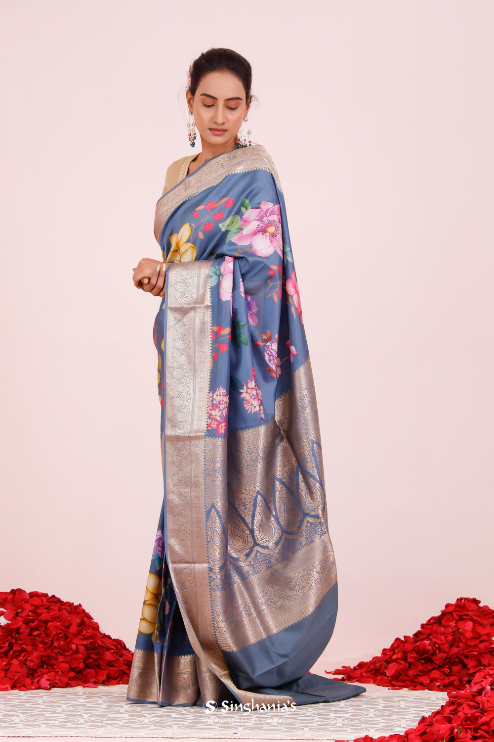 Printed Kanjivaram Silk Saree In Blue Grey